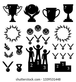 Vector Collection of Sport Awards. Black Silhouettes of Trophies, Medals, Pedestal, Laure Frames, Coins. First, Second, Third Places. Humans on Podium. Vector illustration for Your Design, Web.