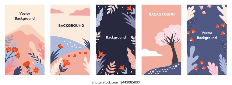 Vector collection of spring backgrounds with space for copying text. Bright banners, posters, design templates on social networks with leaves and flowers.