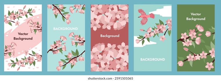 Vector collection of spring backgrounds with space for copying text. Bright banners, posters, design templates on social networks with leaves and flowers. Spring birds and flowering branches. 