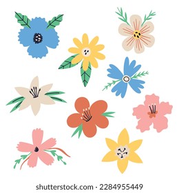 Vector collection spring blossom flower. Summer botanical decor concept for kids design, print, social media, poster, postcard. Modern Flat Style