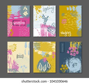 Vector collection of spring cards. Flyer templates with hand lettering text. Bright colorful flowers and abstract texture. Poster, calendar, note, label, schedule, planner, banner design set
