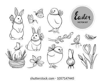 Vector collection of spring and easter elements on white background. Set of bunnies, chicken, butterflies, spring flowers