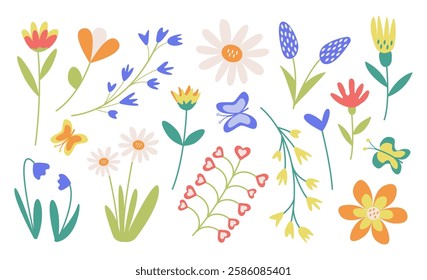 Vector collection of spring flowers and butterflies. A set of festive flower arrangements, a clipart. Hand-drawn illustration of flowers for decoration, mother's day, birthday, Easter