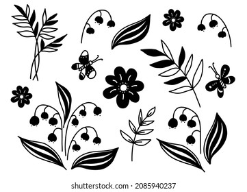 Vector Collection of spring flowers in hand drawn doodle style. May lily of valley, flowers and chamomile, branches and decorative butterflies. Isolated Vector elements - line and silhouette