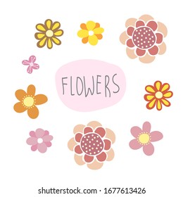 Vector collection of spring flowers. Simple multi-colored flowers in trendy style. For creating patterns, surface design. Design of notebooks, postcards, posters