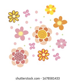 Vector collection of spring flowers. Simple multi-colored flowers in trendy style. For creating patterns, surface design. Design of notebooks, postcards, posters