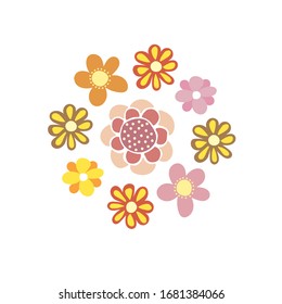 Vector collection of spring flowers. Simple multi-colored flowers in trendy style. For creating patterns, surface design. Design of notebooks, postcards, posters