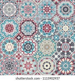 Vector collection of square and octagonal seamless patterns in Oriental style. A set of multicolor tiles.