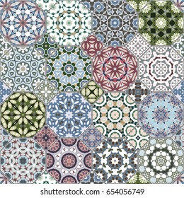 Vector collection of square and octagonal seamless patterns in Oriental style. A set of multicolor tiles.