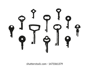 Vector collection of stamp keys. Monochrome textured illustration. Set of black elements isolated on white background