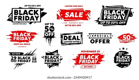 Vector collection of stamp label with sale text black friday with offer 50% off on white background. Flat vintage style sale business promotion design of set of black friday logo for discount day