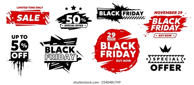 Vector colección de sello con texto Viernes Negro venta con 50% de descuento sobre fondo blanco. Diseño creativo plano de la promoción del negocio de la venta del estilo del vintage del sistema del logotipo negro del viernes para el día del descuento