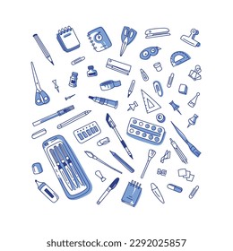 Vector collection of stationery items. Doodle style. Pencil, marker, rubber, pen, scissors, ruler and many more. Hand drawn art tools and supplies set.