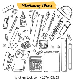 Vector collection of stationery items. Set of school or office supplies. Wide variation of things in doodle style. Pencil, ruler, sharpener, knife, glue, marker and many more.  Colorless illustration.