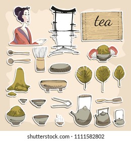 Vector collection stickers Chinese Tea Party. Heap of Tea, Teapots, Cups, Mugs, Stands, Spoons, Shovels, Tongs, Opahalo, Traditional Woman, Symbol of China. Colorful hand drawn stock illustration.