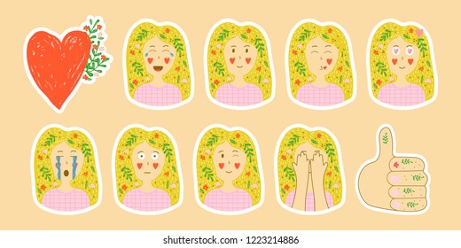vector collection of stickers in hand drawn style. set of emotions of a young blonde girl with flowers in her hair. facial expression. badges for social networks.