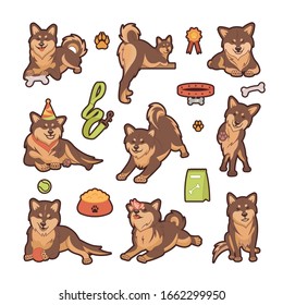 Vector collection of stickers of Shiba Inu and Akita Inu dogs. Funny emoticons for any goods, prints and simply good mood! Templates on a white background.