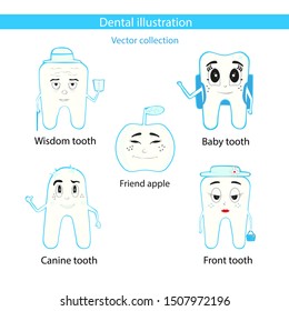 Vector collection of stickers of smiling teeth. Transparent background, blue and cyan colors. Wisdom tooth, canine, front tooth, milk tooth, baby tooth, apple friend. For children, dentists in high re