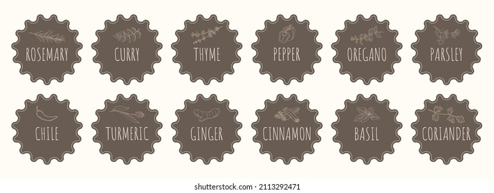 Vector collection of stickers with spices labels. Set of labels for spices. stickers, cards for marking kitchen food containers with spices.