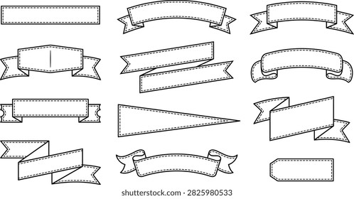 Vector collection of stitched ribbon banners, pennant flags, and sewn border labels in black and white line art style isolated on a white background.