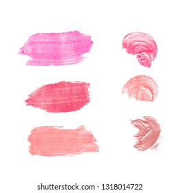 Vector Collection of strokes of lipsticks various colors isolated on white. Makeup sample, use for advertising flyer, banner, brochure, booklet and leaflets for the promotion of decorative cosmetics 
