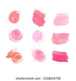Vector Collection of strokes of lipsticks various colors isolated on white. Makeup sample, use for advertising flyer, banner, brochure, booklet and leaflets for the promotion of decorative cosmetics 