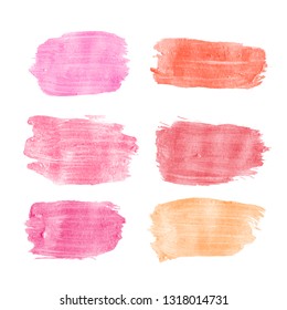 Vector Collection of strokes of lipsticks various colors isolated on white. Makeup sample, use for advertising flyer, banner, brochure, booklet and leaflets for the promotion of decorative cosmetics 
