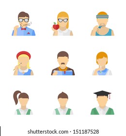 Vector collection of stylish student, teacher and other education characters in modern flat design style. Isolated on white background. 