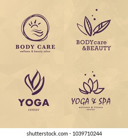 Vector collection of stylized beauty, spa, yoga symbols silhouettes isolated on texture paper background. Good for massage salon, cosmetic, wellness & health care centers, fashion insignia design.