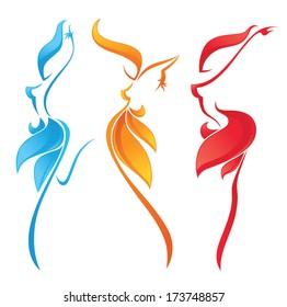 vector collection of stylized girls in bright dresses