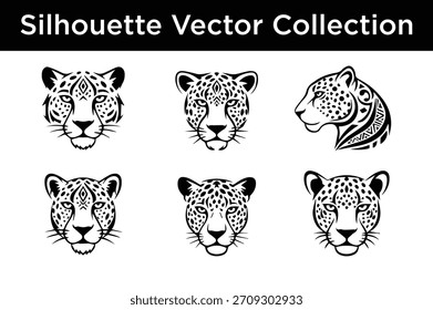 colección de Vector de siluetas estilizadas de cabeza de leopardo y jaguar, con diseños tribales y ornamentales, ideales para proyectos gráficos.