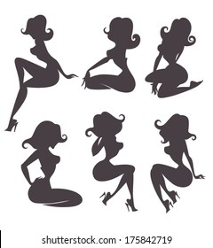 vector collection of stylized pin up girls silhouettes in different poses