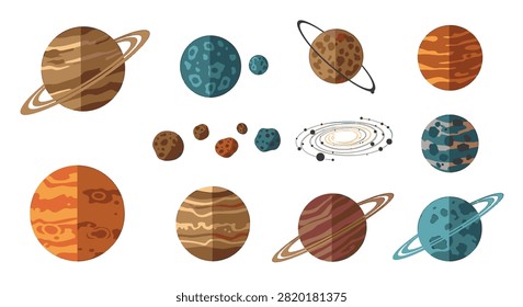 Vector collection of stylized solar system elements including ringed planets, gaseous giants, cratered rocky planets, asteroids, and a spiral galaxy isolated on a white background.