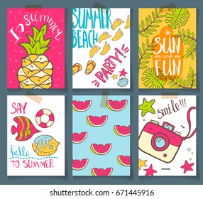 Vector collection of summer cards. Greetings and invintations. Hello, summer. Beach party. Smile. Pop art retro style. Bright colors. 