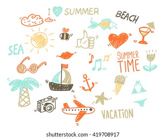 Vector collection of summer elements in sketch style