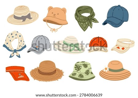 Vector collection of summer headwear, hand drawn illustration of bucket hats, straw hats and baseball caps for your summer design.	
