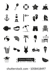 Colección vectorial de vacaciones de verano, playa y mar sólidos iconos negros