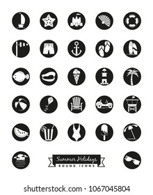 Vector collection of summer holiday, beach and seaside round black icons