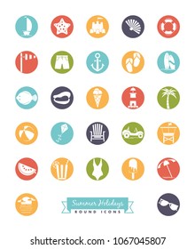 Vector collection of summer holiday, beach and seaside round color icons