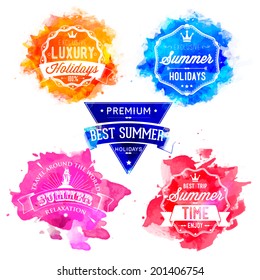 Vector Collection of Summer and Holidays Labels with retro vintage styled design on watercolor background splash. Labels of watercolors.Vector set and Vector background for you.