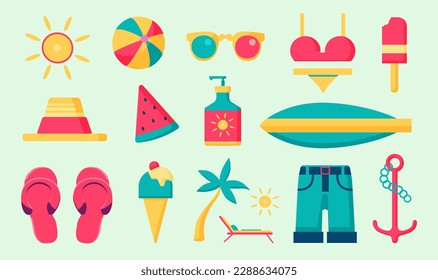 Vector collection of summer objects in a flat style, simple summer stickers, seasonal illustrations.