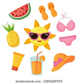 Vector collection of summer stickers. Sun in sunglasses, cream spf. Watermelon, pineapple. Pink bikini swimsuit with hat and flip flops. Orange cocktail with a straw.