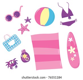 Vector collection of summer and travel icons - summer bag, sunglasses, beach accesories..
