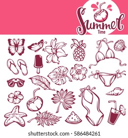 vector collection of summer tropical objects, leaves, flowers, clothes, drinks for your design