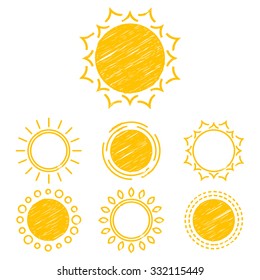 Vector collection sun icons, design elements, emblem. Set of abstract symbols of the sun. Children's drawings of sun. Hatching.