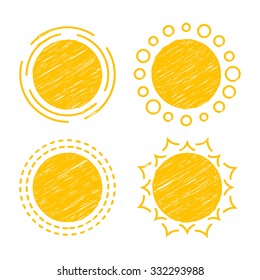 Vector collection sun icons, design elements, emblem. Set of abstract symbols of the sun. Children's drawings of sun. Hatching.
