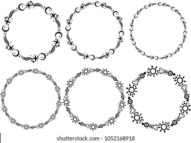 Vector collection of sun and moon themed wreaths of different sizes, colored black