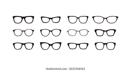 Vector collection of sunglasses and eyeglasses silhouettes featuring various fashionable frame styles, eyewear icons, and accessories for vision or fashion projects