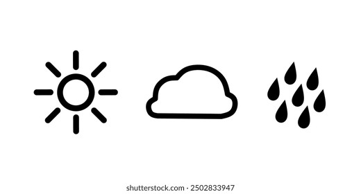 vector collection of sunny, cloudy and rainy icons on white background. sun, cloud and rain icons