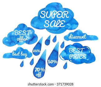 vector collection of super sale, discount, best price, best buy banner, labels, set of hand drawn isolated watercolor clouds and rain